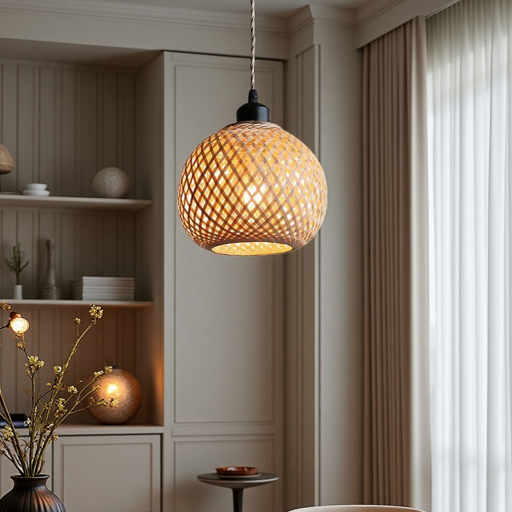 Handmade Kitchen Island Bamboo Pendant Light Minimal Woven Hanging Lamp