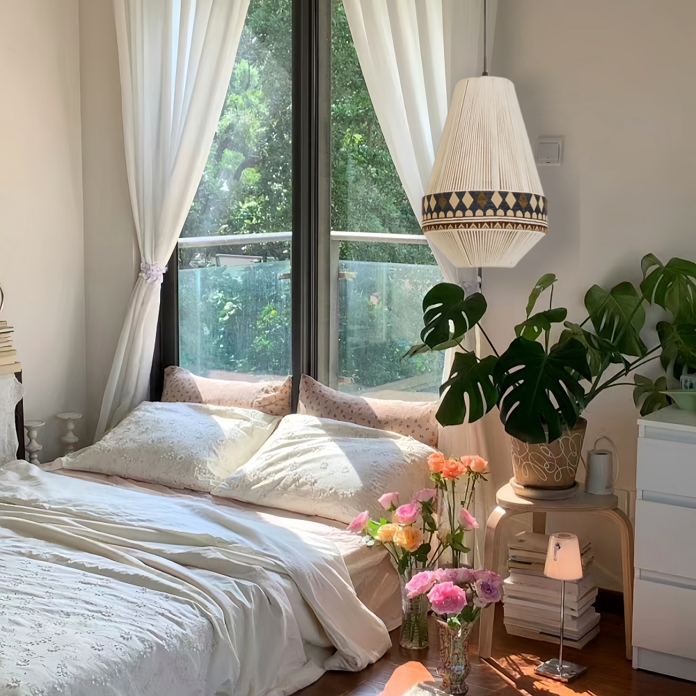 Bohemian Retro Style Hemp Rope Fabric Woven Pendant Light Bedroom