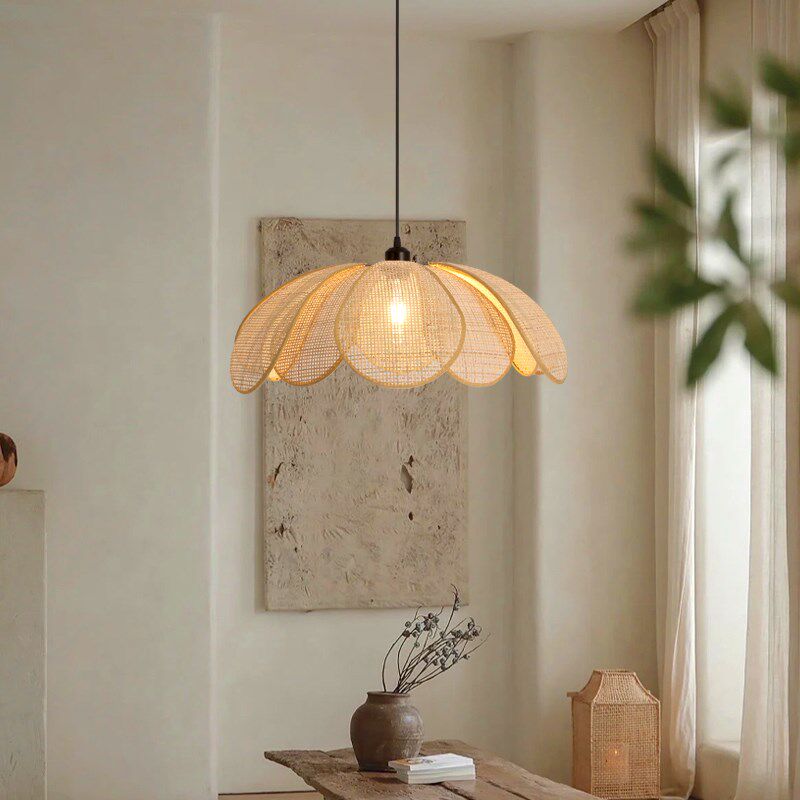 Rattan Petal Rustic Pendant Lamp Shade Japanese Wabi-sabi Flush Mount Lighting