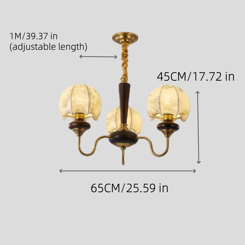 Nanyang Retro Style Fabric Patterned Walnut Multi Headed Pendant Light