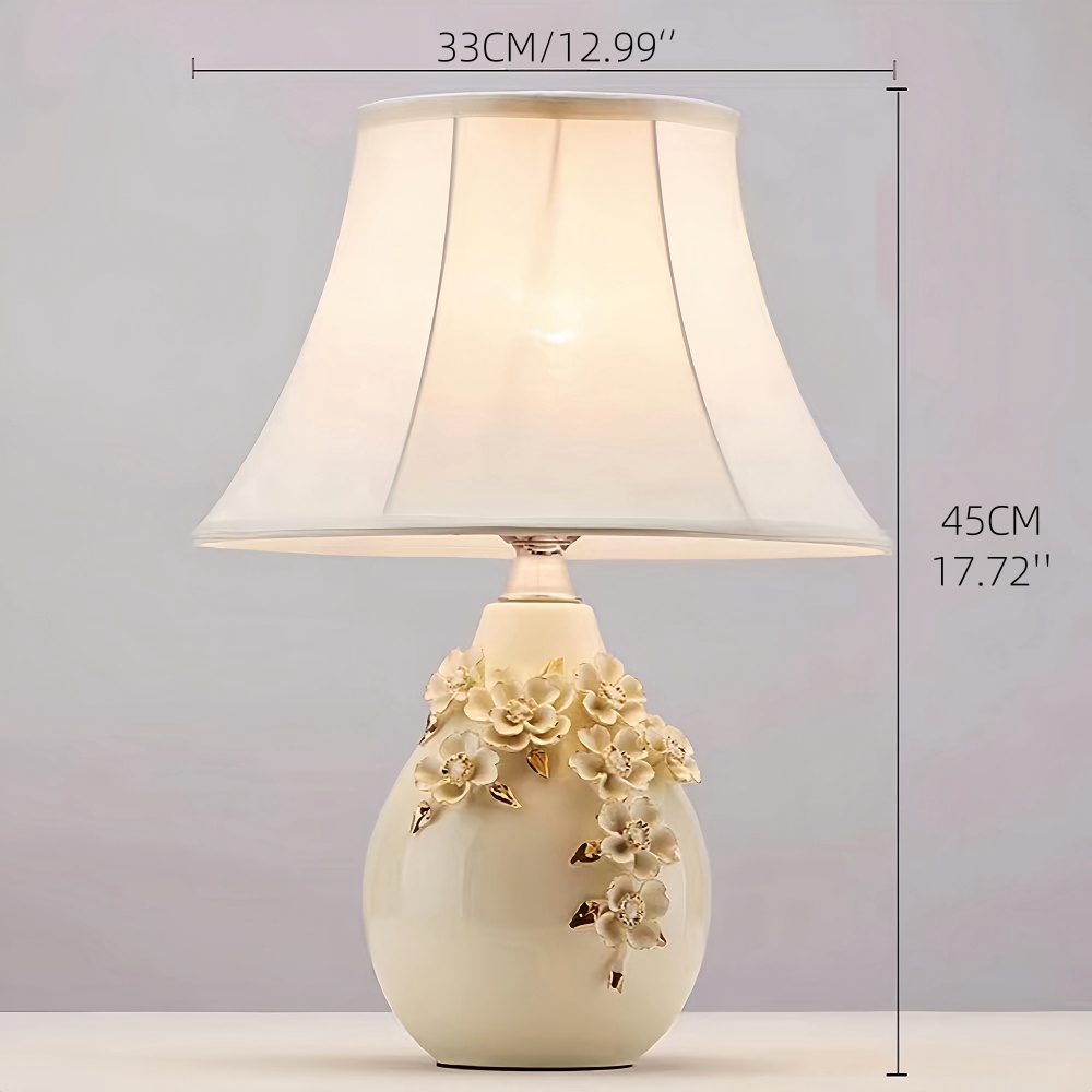 American Style White Series Ceramic Carved Desk Lamp With Simple Fabric Lampshade