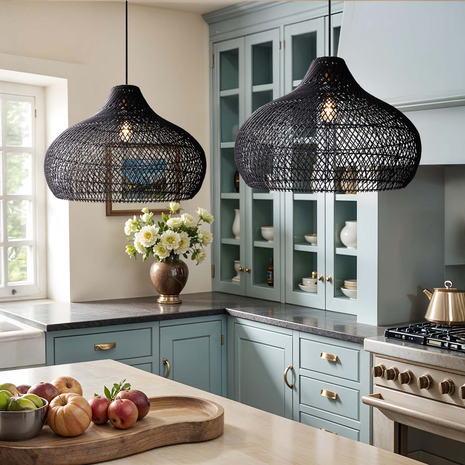 Black Rattan Pendant Light for Kitchen Island & Dining Room