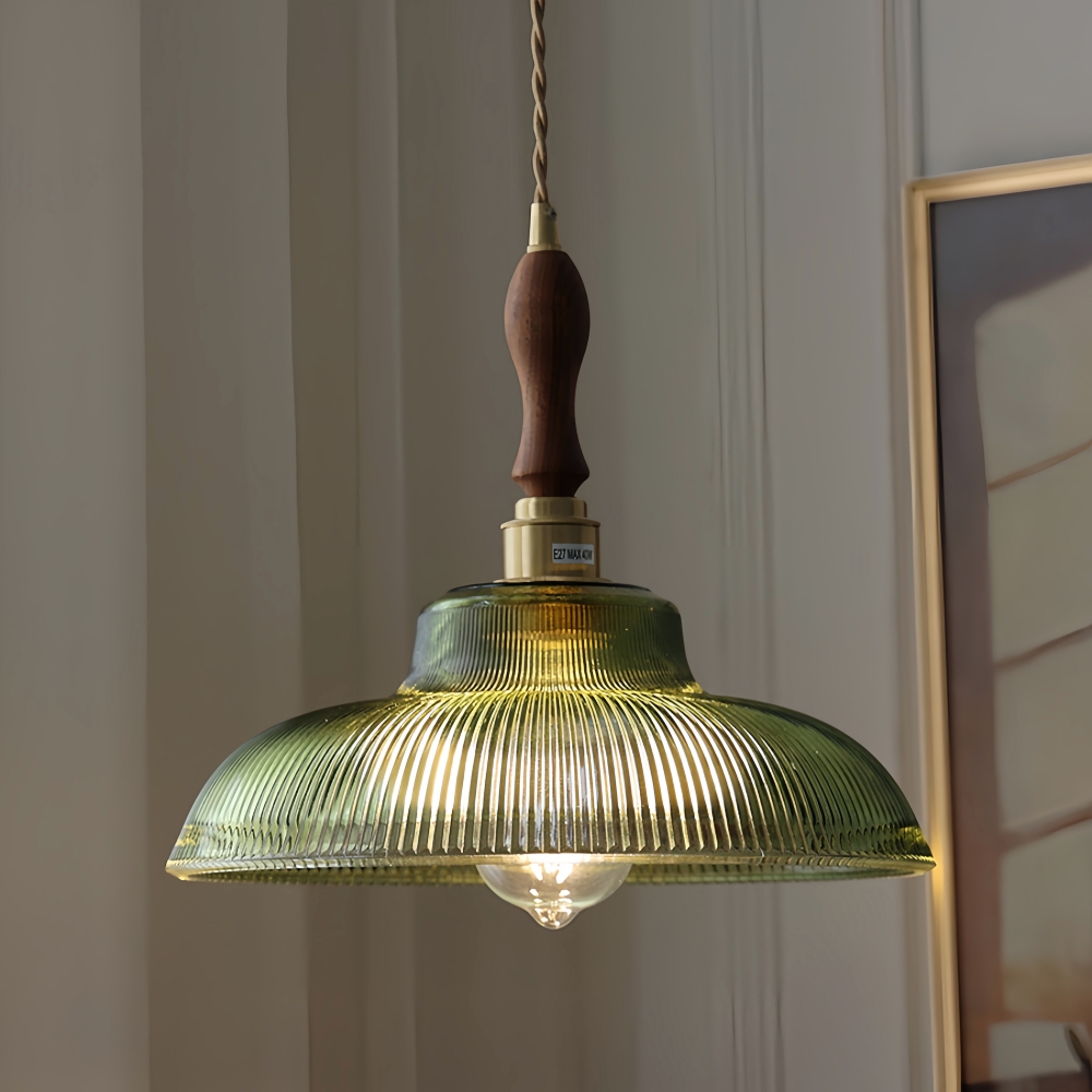 Japanese Retro Brass Glass Green Transparent Pendant Light