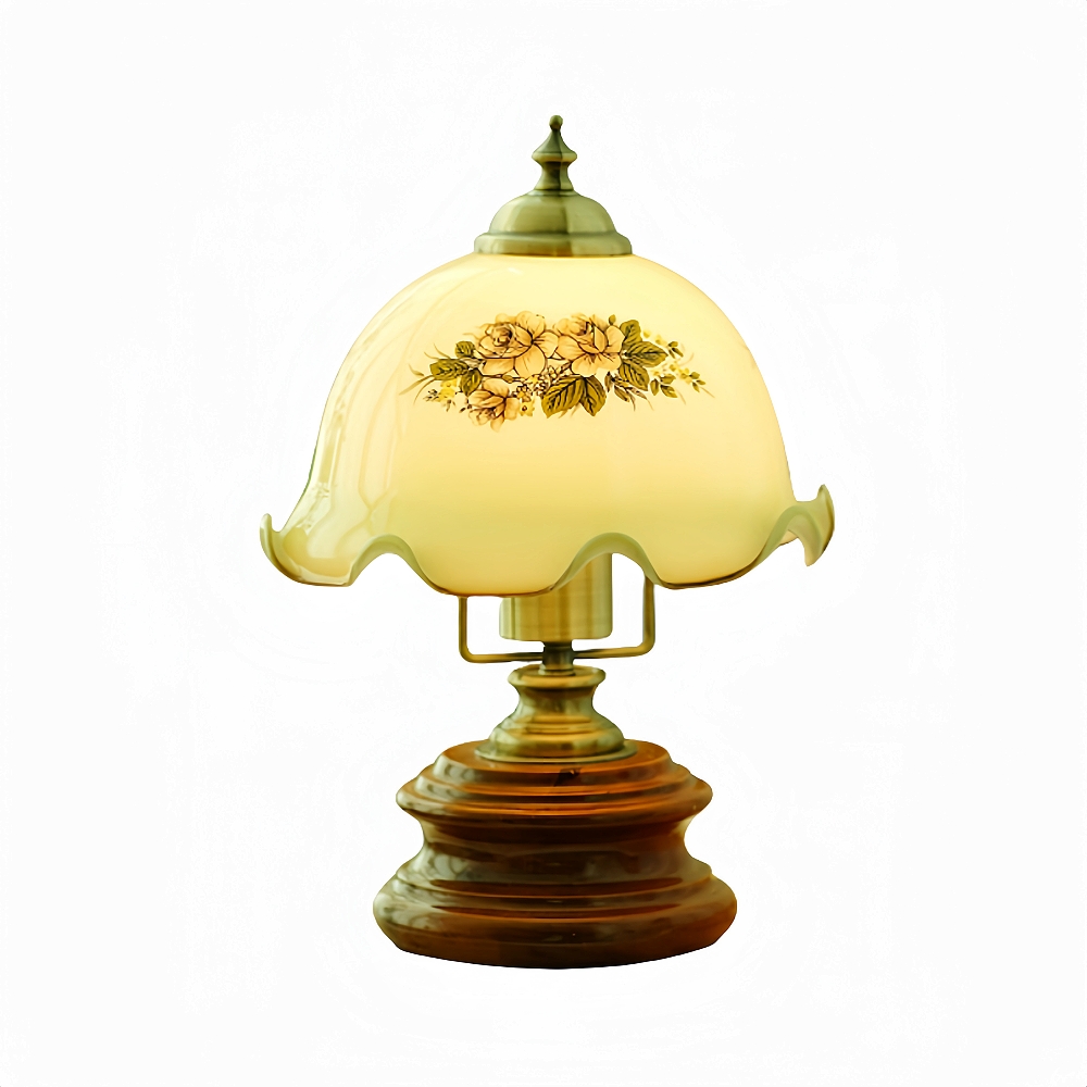 Vintage French Style Floral Glass Table Lamp Solid Wood Bedside Lamp