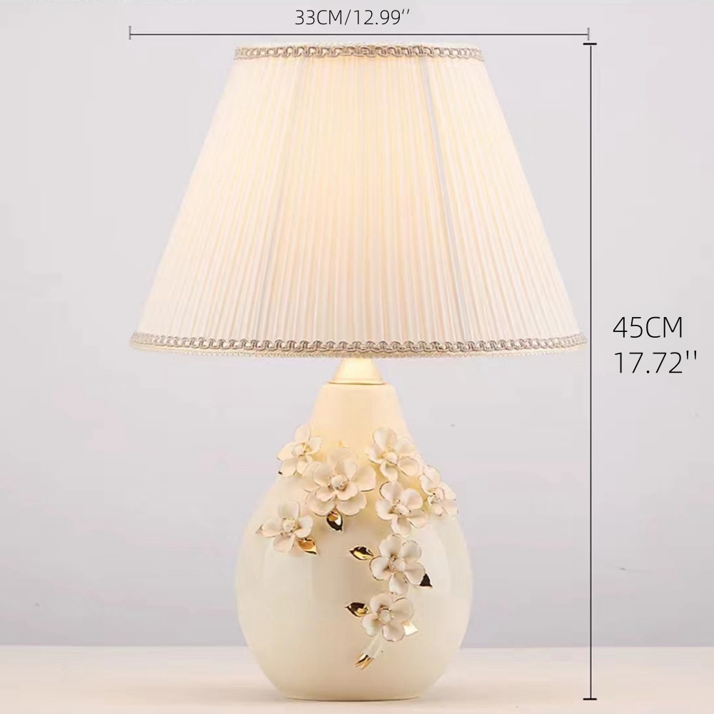 American Style White Series Ceramic Carved Desk Lamp With Simple Fabric Lampshade