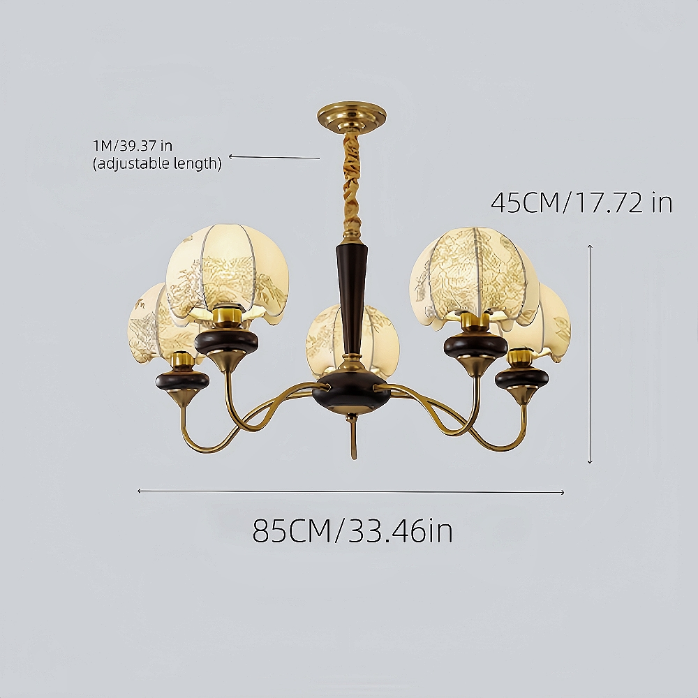 French Retro Style Fabric Patterned Walnut Multi Headed Pendant Light
