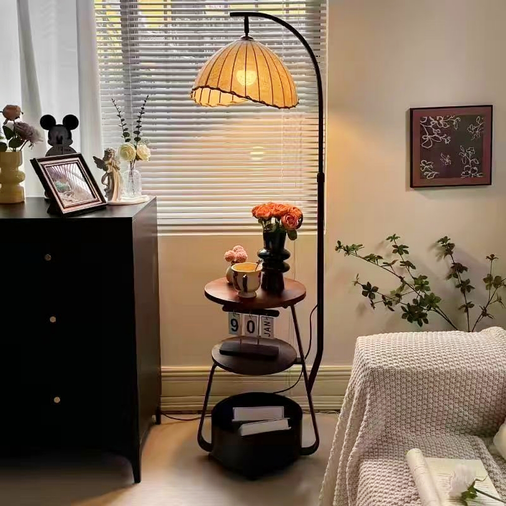 Medieval-Style Living Room Storage Shelf Integrated Floor Lamp