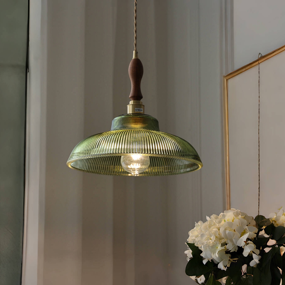 Japanese Retro Brass Glass Green Transparent Pendant Light
