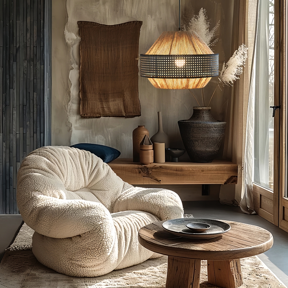 Japanese Wabi Sabi Style Retro Hemp Rope Rattan Woven Pendant Light