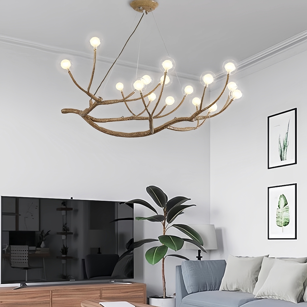 Nordic Rustic Tree Branch Hanging Chandelier with Bubble Glass lighting