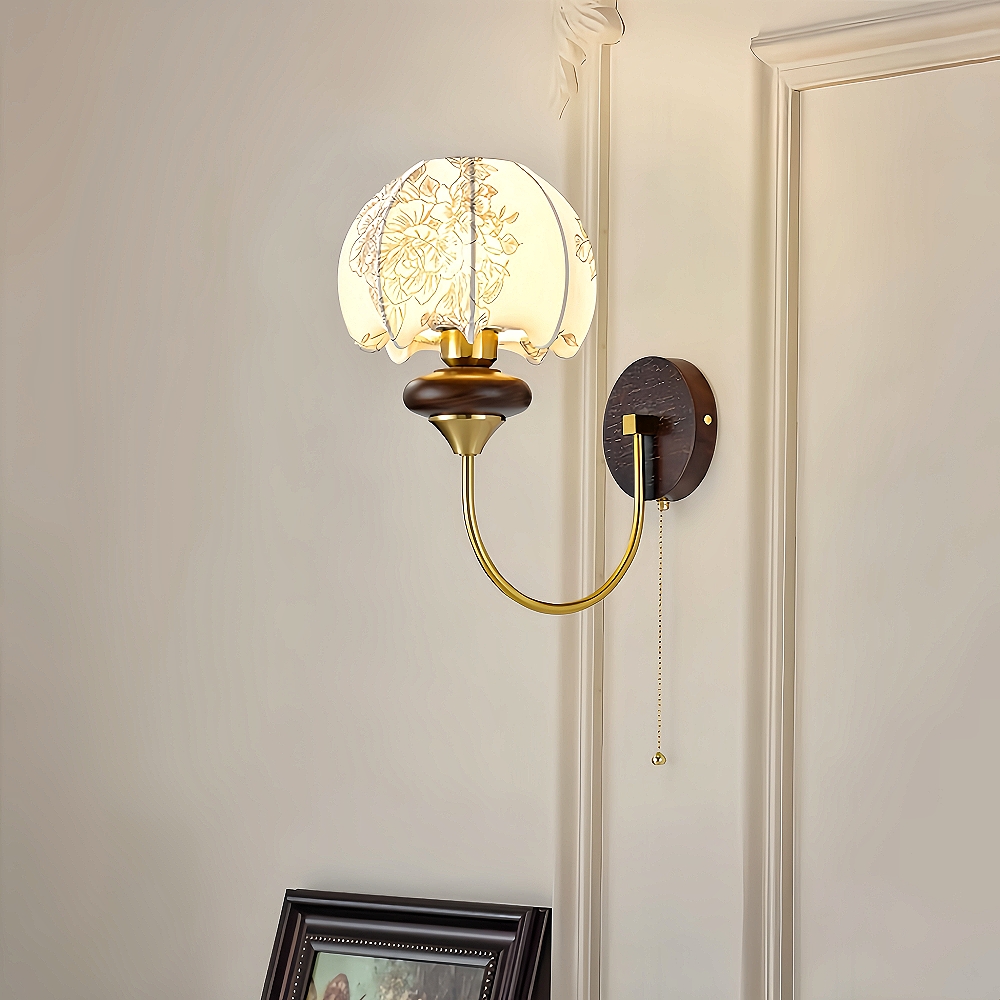 Nanyang Retro Style Fabric Patterned Walnut Multi Headed Pendant Light