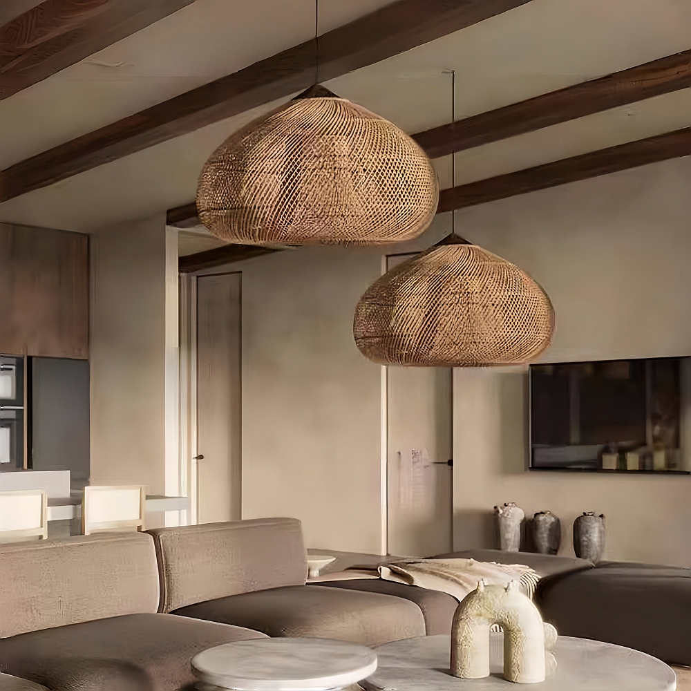 Unique Rattan Pendant Light Wabi Sabi Handmade Wooden Rattan Lamp Fixture