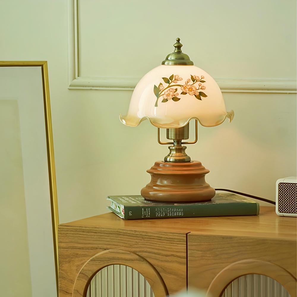 Vintage French Style Floral Glass Table Lamp Solid Wood Bedside Lamp