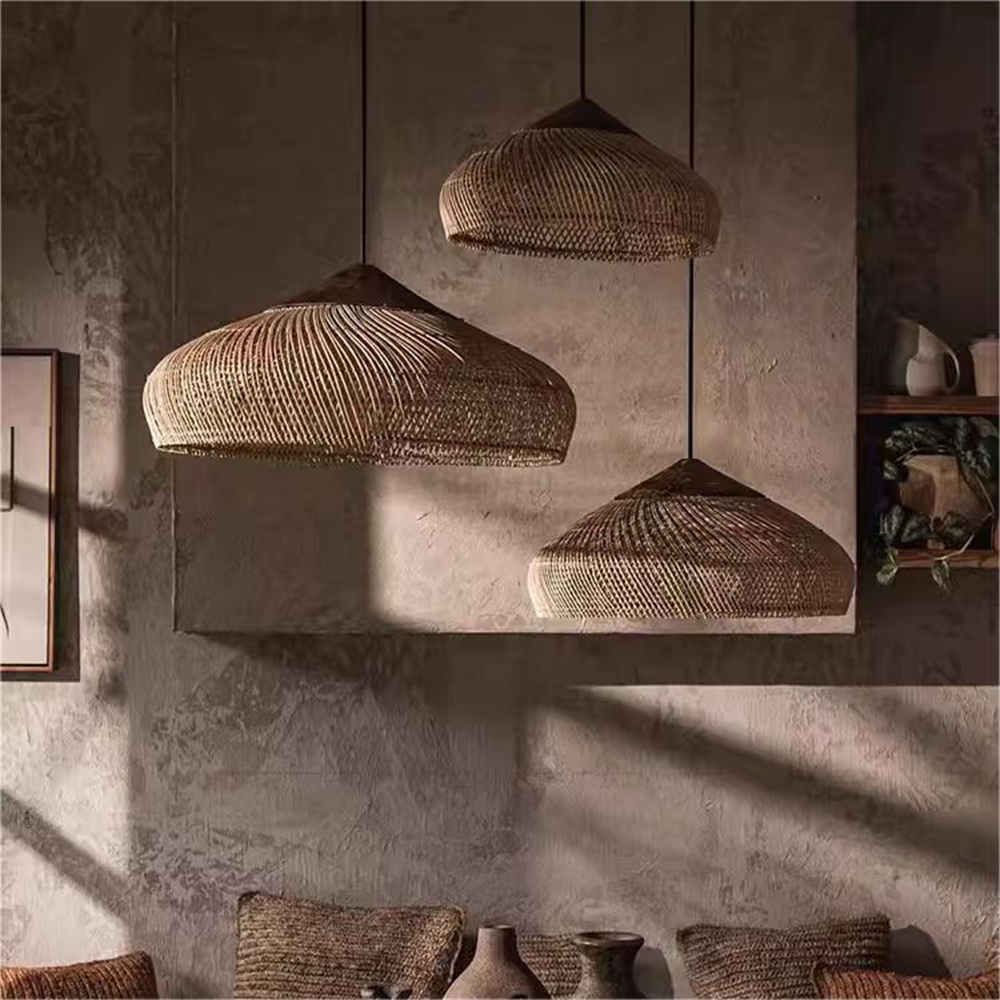 Unique Rattan Pendant Light Wabi Sabi Handmade Wooden Rattan Lamp Fixture