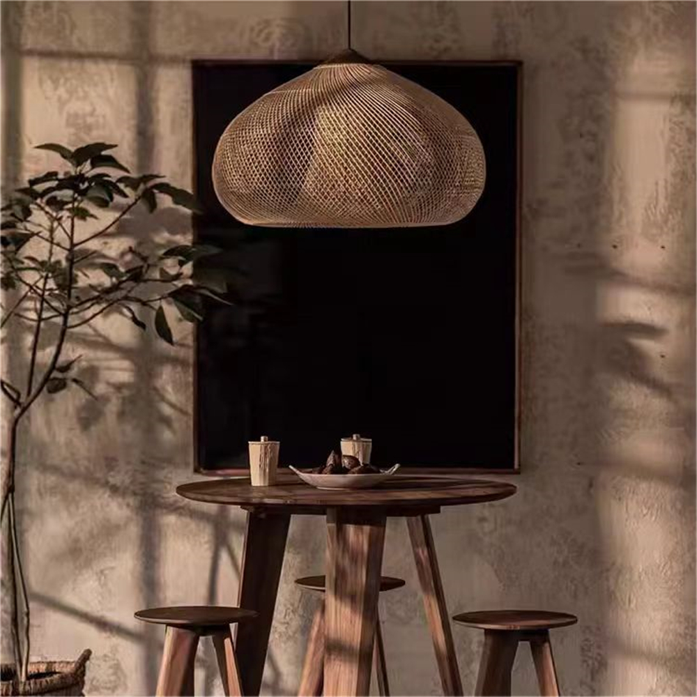 Unique Rattan Pendant Light Wabi Sabi Handmade Wooden Rattan Lamp Fixture