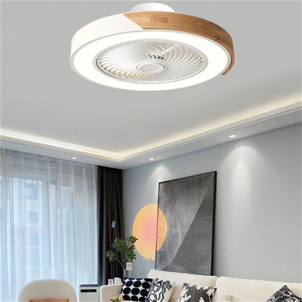 Nordic Integrated Living Room Light With Wood Grain Intelligent Variable Frequency Fan Light