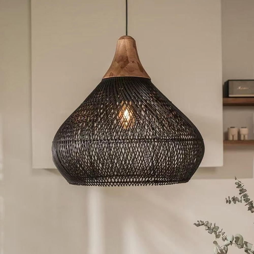 Unique Rattan Pendant Light Wabi Sabi Handmade Wooden Rattan Lamp Fixture