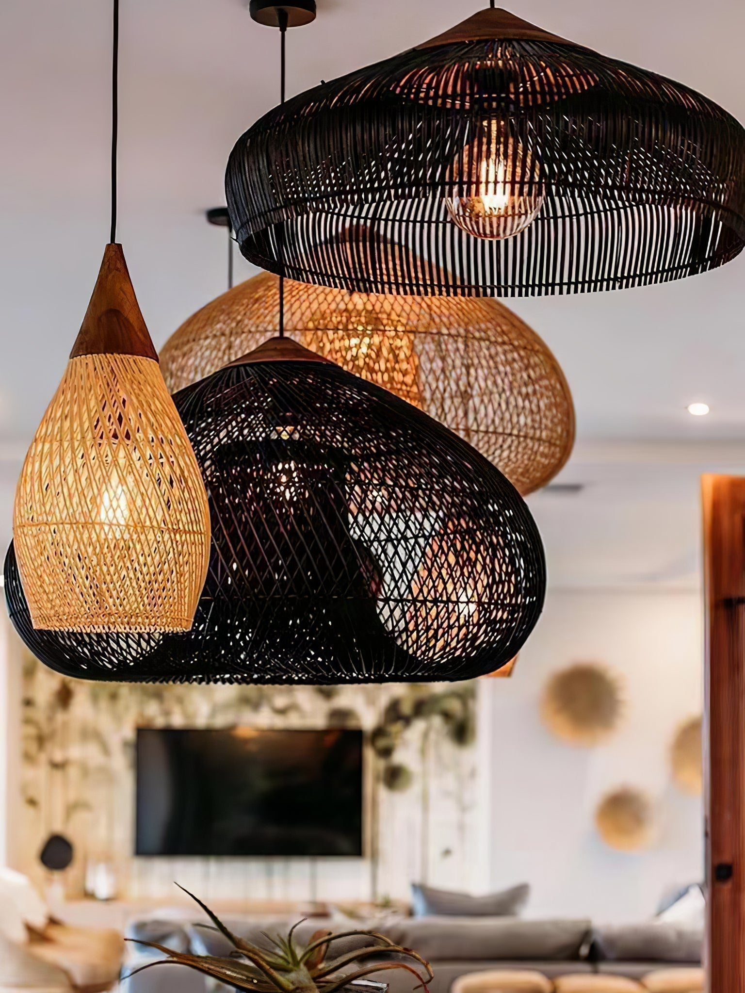 Wabi-Sabi Rattan Chandelier Rustic Handwoven Restaurant Light Fixture