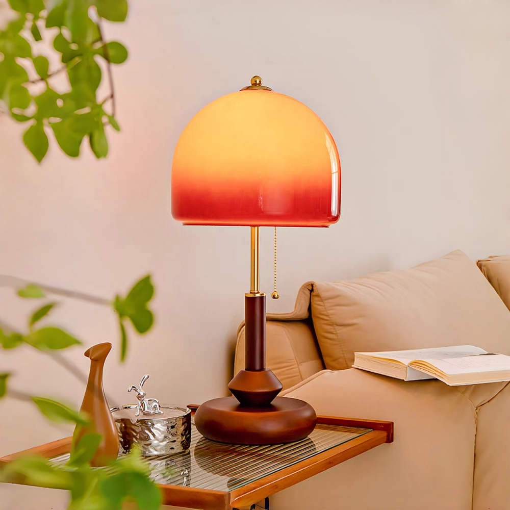 Vintage Glass-Decorated Solid Wood Sunset Table Lamp