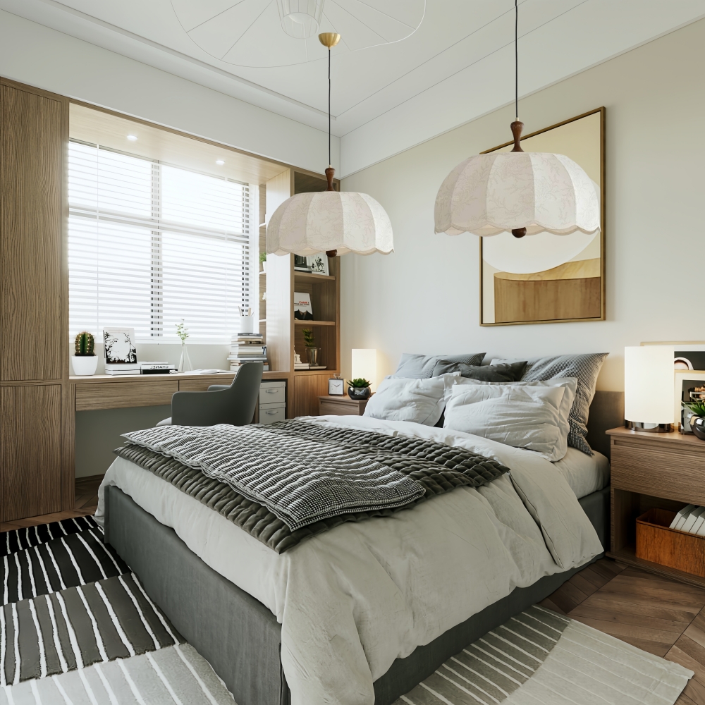 French Retro Patterned Fabric Bedroom Pendant Light