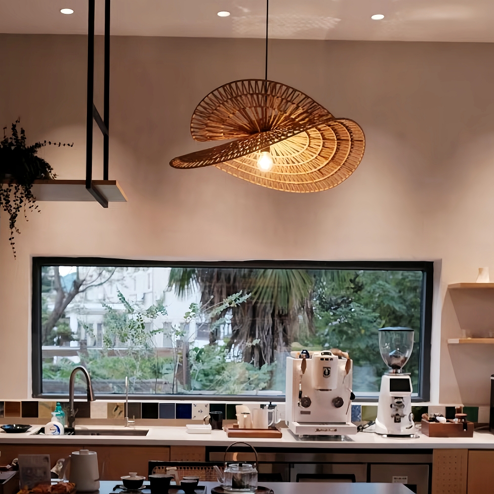 New Chinese Style Retro Rattan Art Double Layered Straw Hat Pendant Light