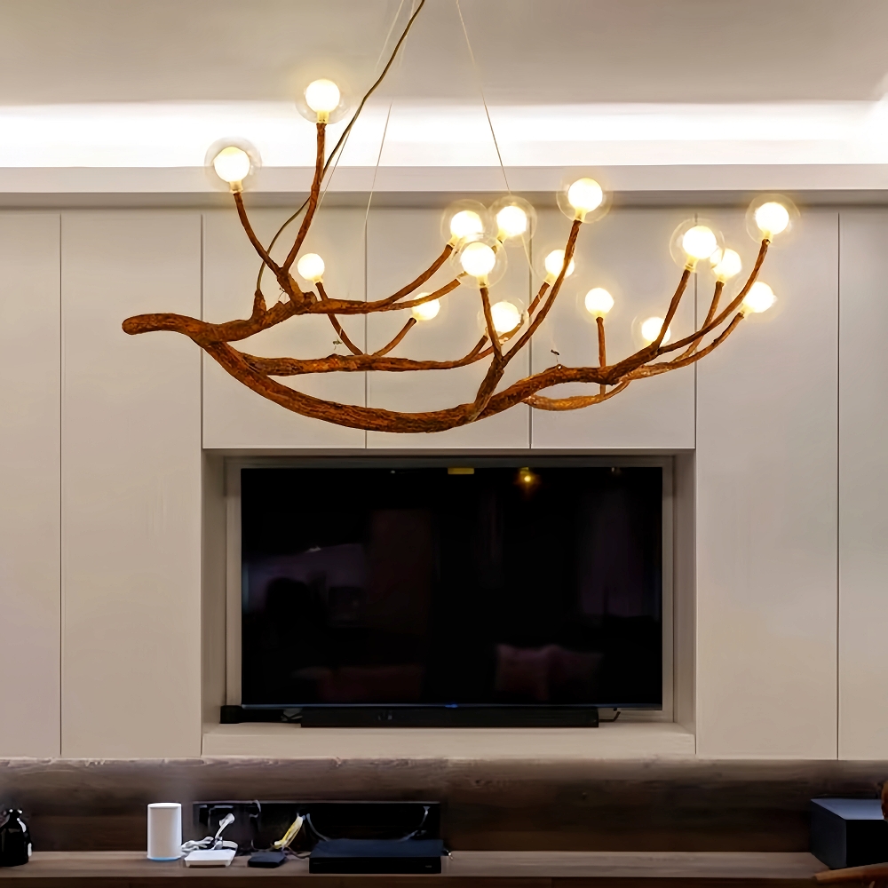 Nordic Rustic Tree Branch Hanging Chandelier with Bubble Glass lighting