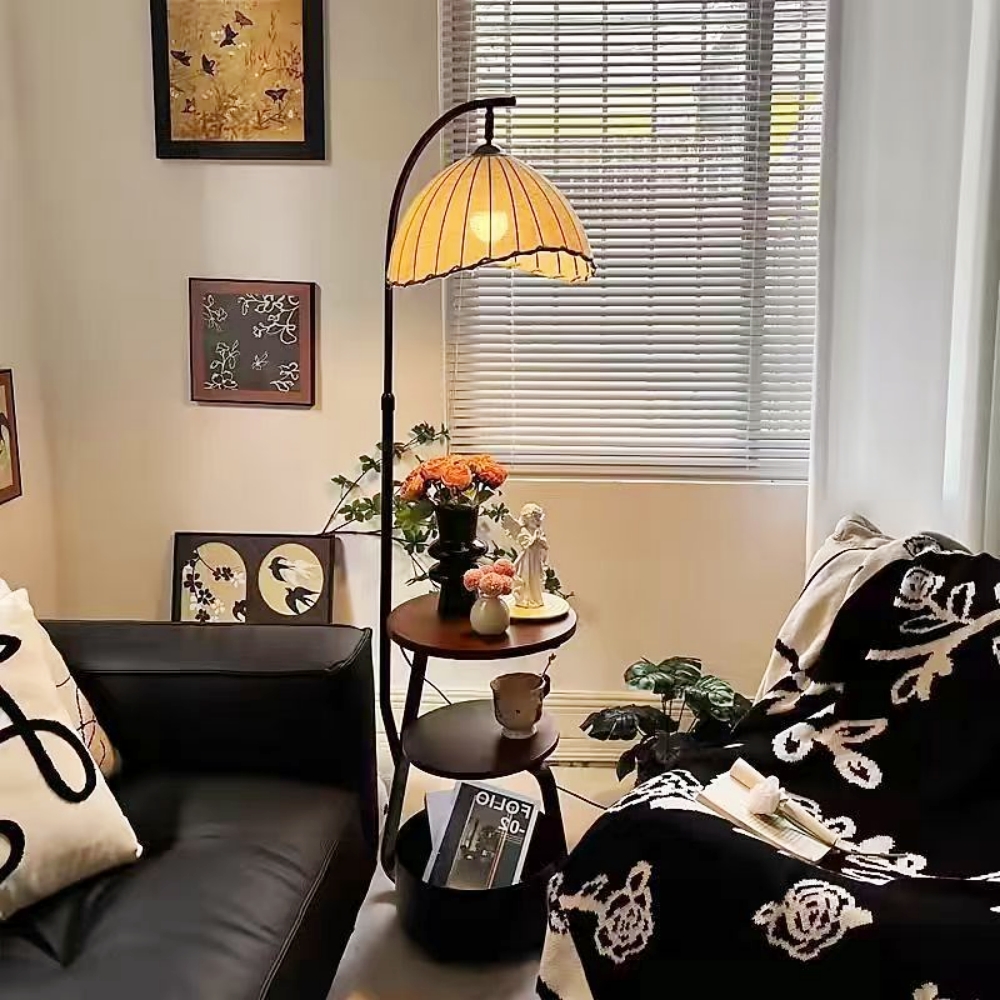 Medieval-Style Living Room Storage Shelf Integrated Floor Lamp