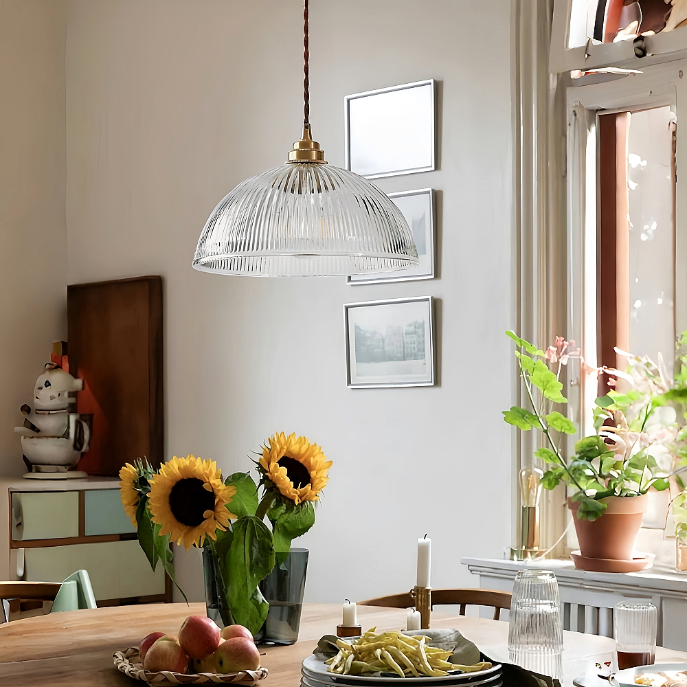 Japanese Retro Brass Glass Green Transparent Pendant Light