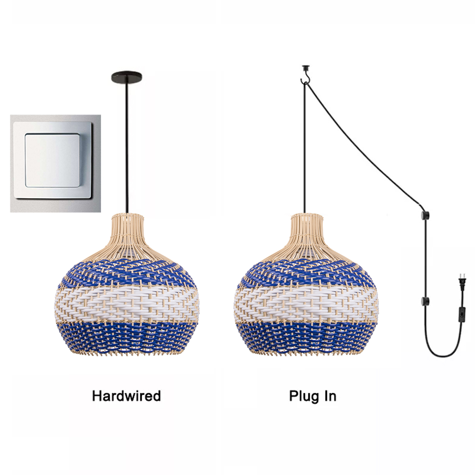 Japanese Style Army Blue Rattan Pendant Light For Dining Room