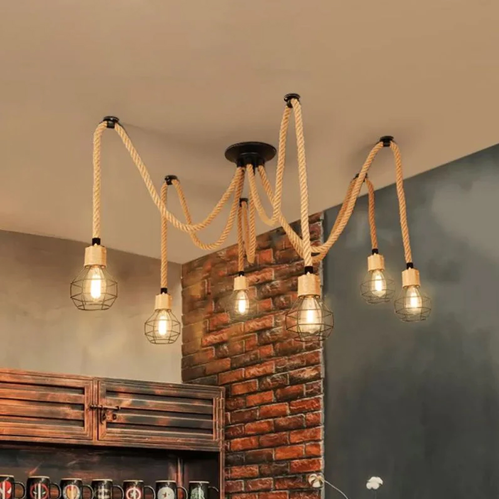 Spherical Cage Rope 6-Lights Brown Pendant Lighting Fixture