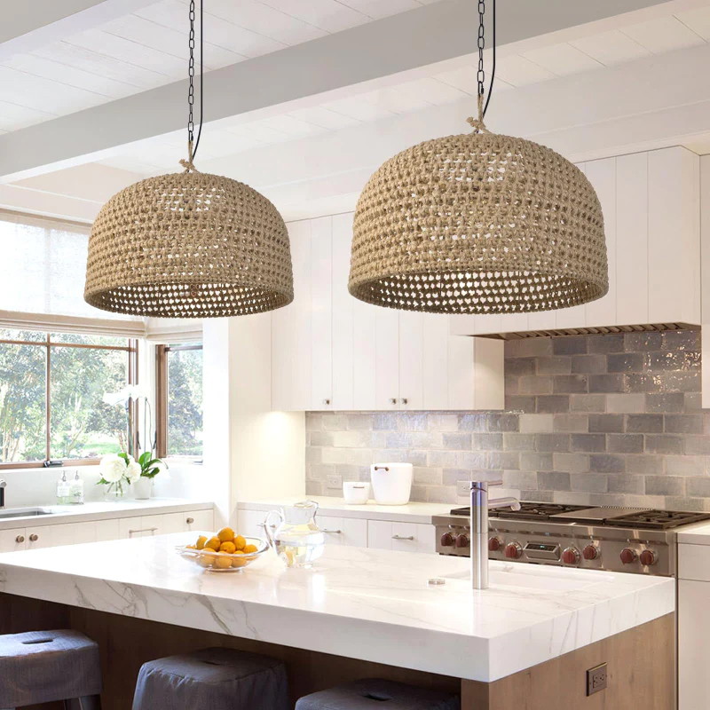 Retro Rattan Pendant Lights Kitchen Island Decor Hemp Rope Woven Lampshade