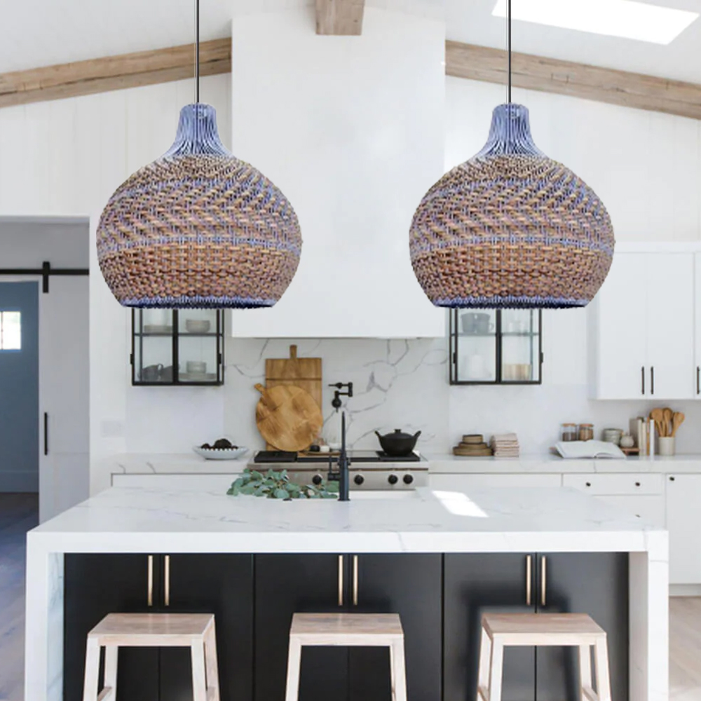 Coastal Kitchen Island Rattan Chandelier Dining Room Wicker Woven Pendant Light