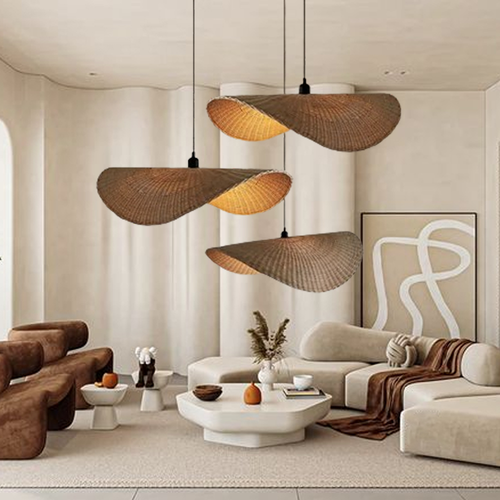 Japanese Rattan Light Pendant Wabi-sabi Retro Straw Hat Chandelier