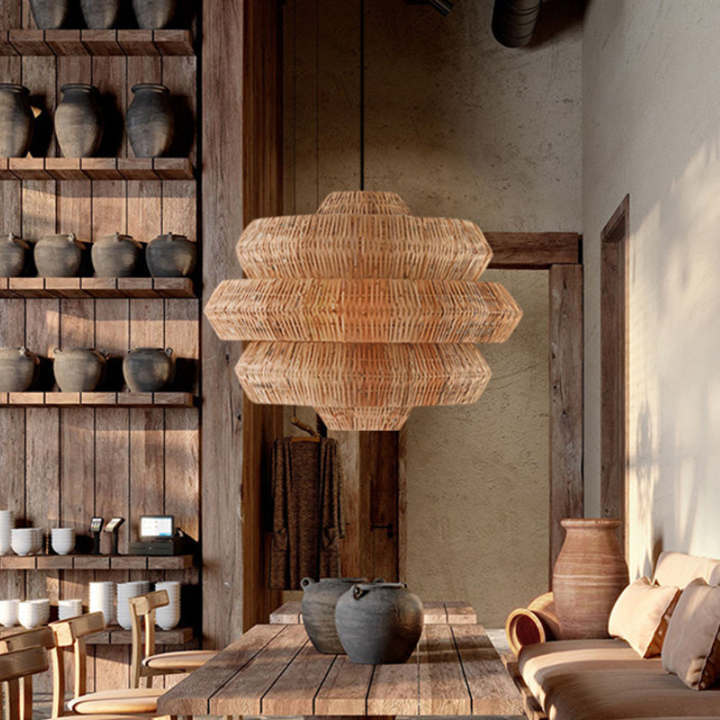 Rattan Multi-Tiered Honeycomb-Shaped Pendant Light