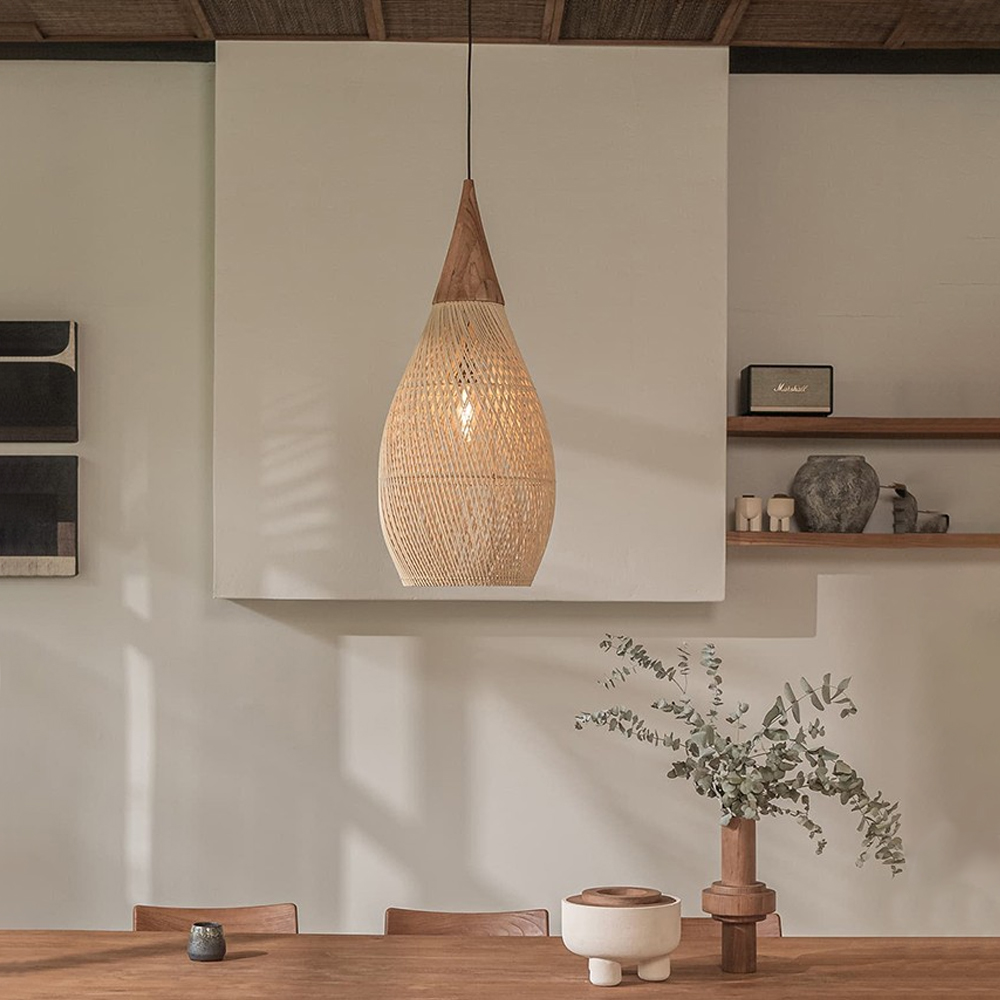 Dining Room Vintage Pendant Light Handmade Wood Rattan Lampshade