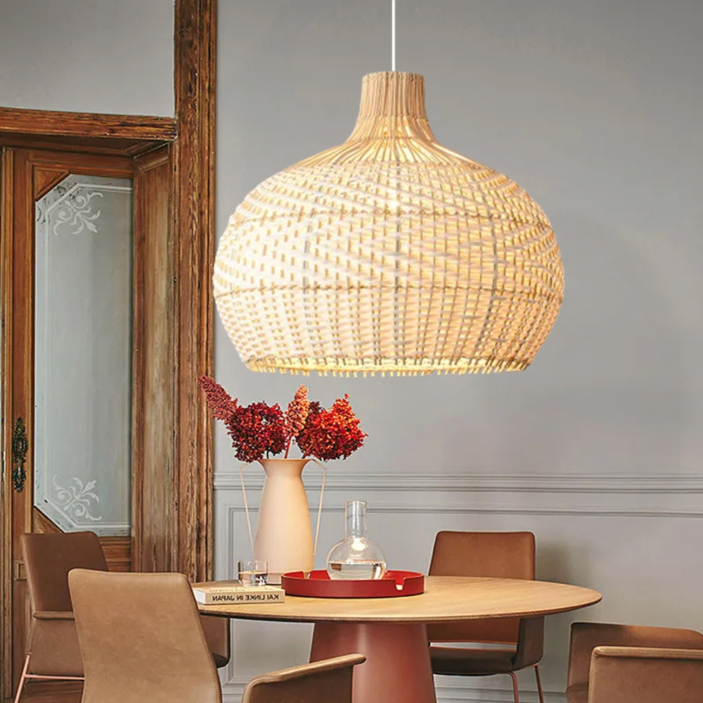 Natural Rustic Rattan Pendant Lampshade White Plastic Strip Hand Weaving Hanging Chandelier