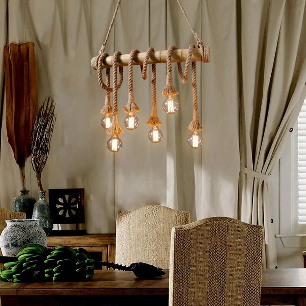 American Retro Bamboo Tube Hemp Rope Chandelier Creative Pendant Light