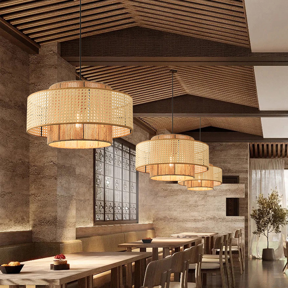 Commercial Restaurant Rattan Pendant Light Fixture Wabi-sabi Rope Woven Lantern Chandelier