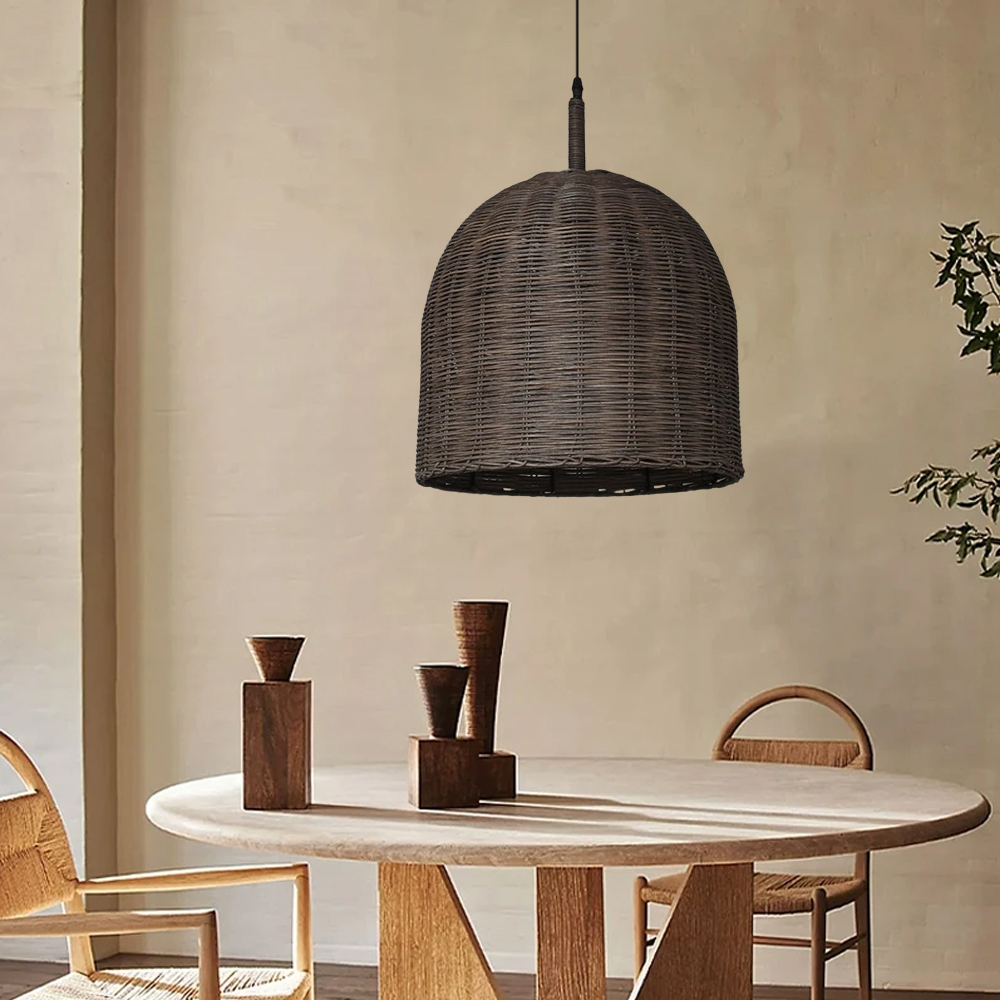 Wabi Sabi Style Dark Rattan Lampshade Retro Pastoral Restaurant Hand-woven Pendant Light