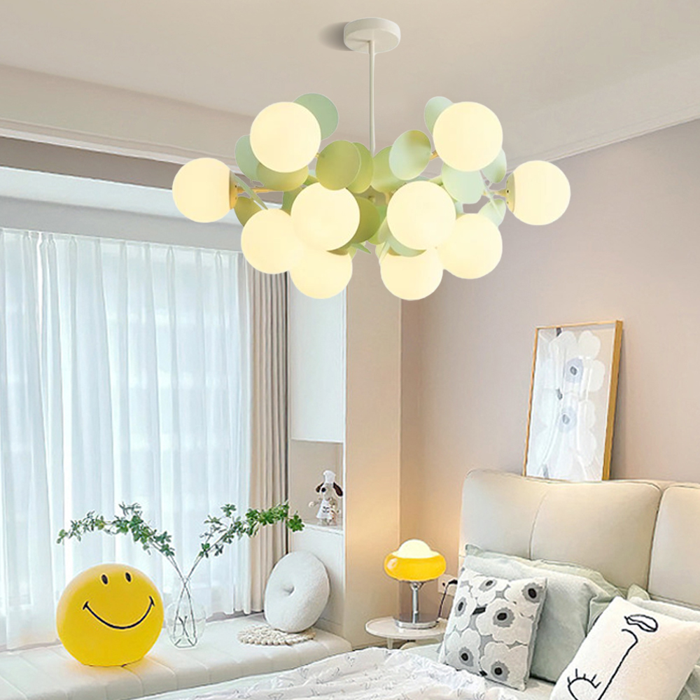 French Cream Style Living Room Glass Pendant Light Modern Green Bubble Chandelier