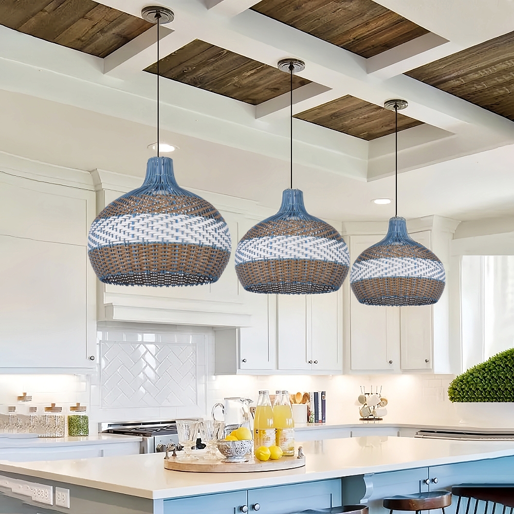 Simply Courtland Blue Rattan Pendant Light For Kitchen Island
