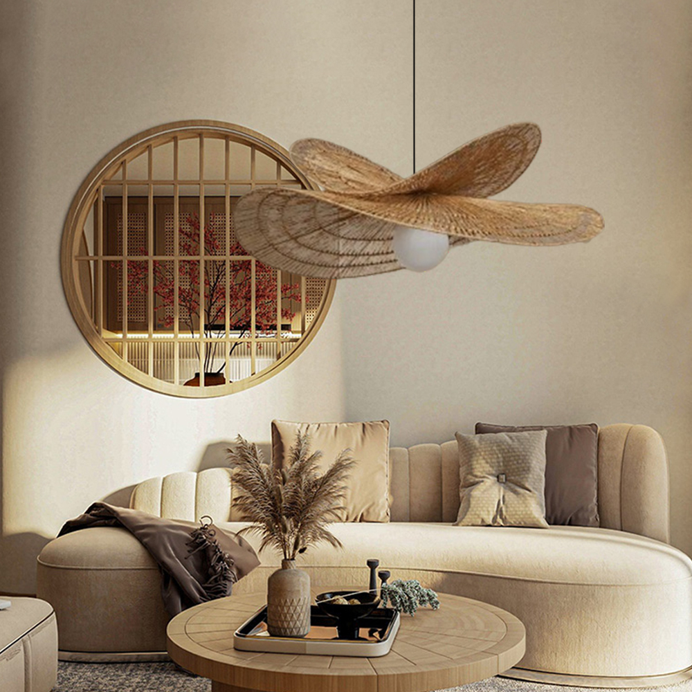 New Chinese Style Retro Rattan Art Double Layered Straw Hat Pendant Light