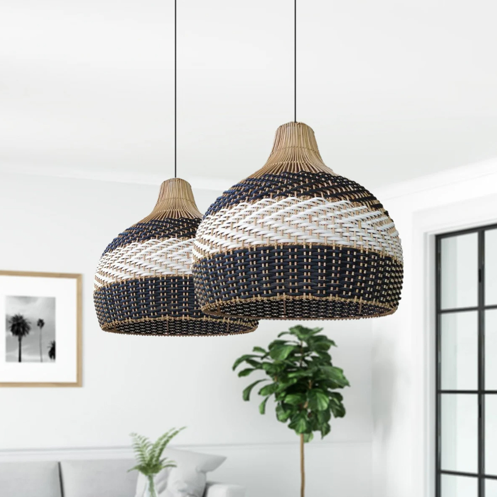 Handwoven Kitchen Island Black White Rattan Pendant Light