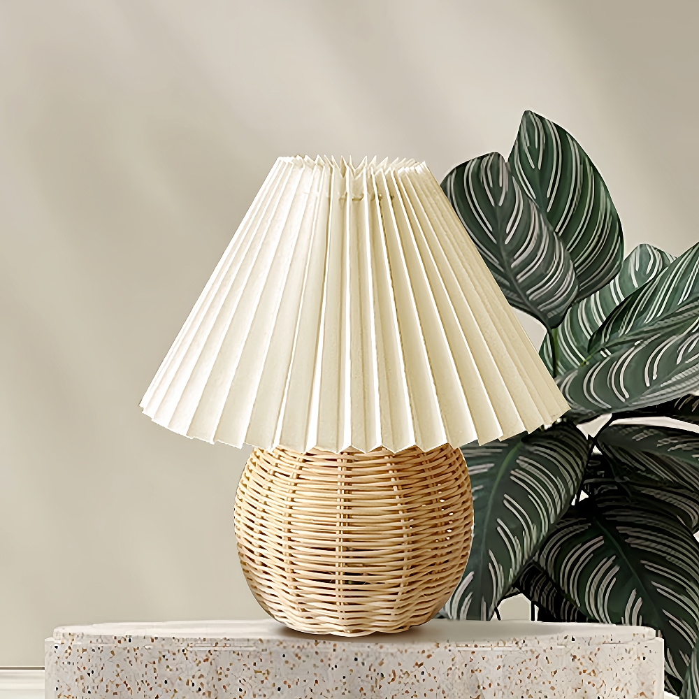 Nordic Style Retro Fabric Pleated Lampshade Rattan Woven Small Table Lamp