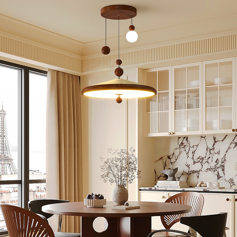 Retro Walnut Finish Creative Round LED Pendant Light 