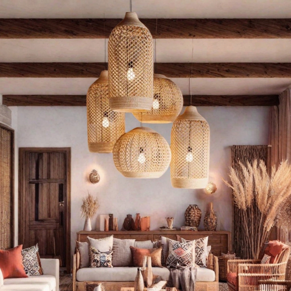 Japanese Wabi-Sabi Seagrass & Hemp Rope Woven Pendant Lamp