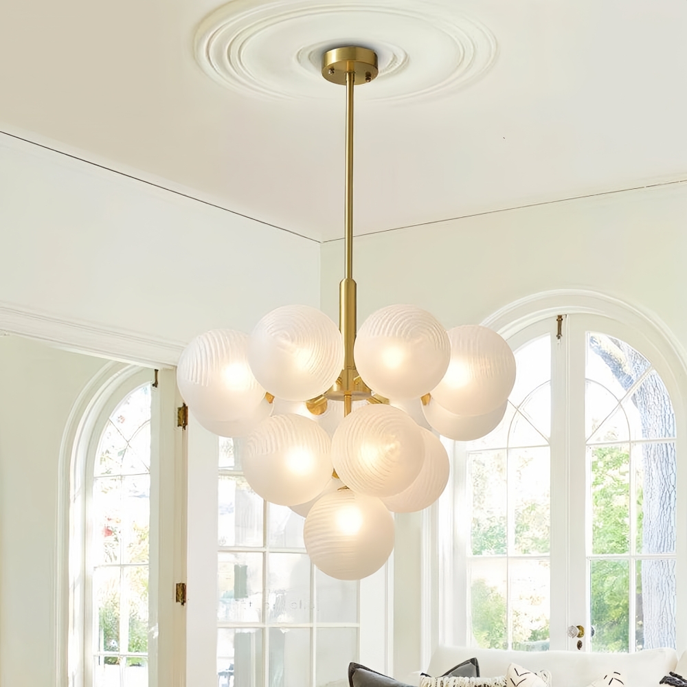 Contemporary Sculptural Ribbed Glass Globe Chandelier Brass Finish