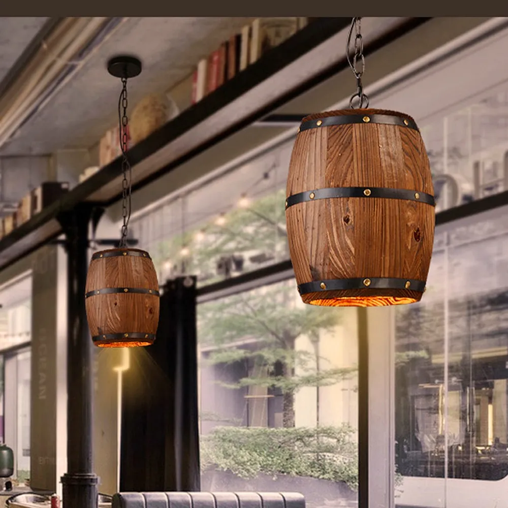 Industrial Farmhouse Style Oak Barrel Cylinder Pendant Light