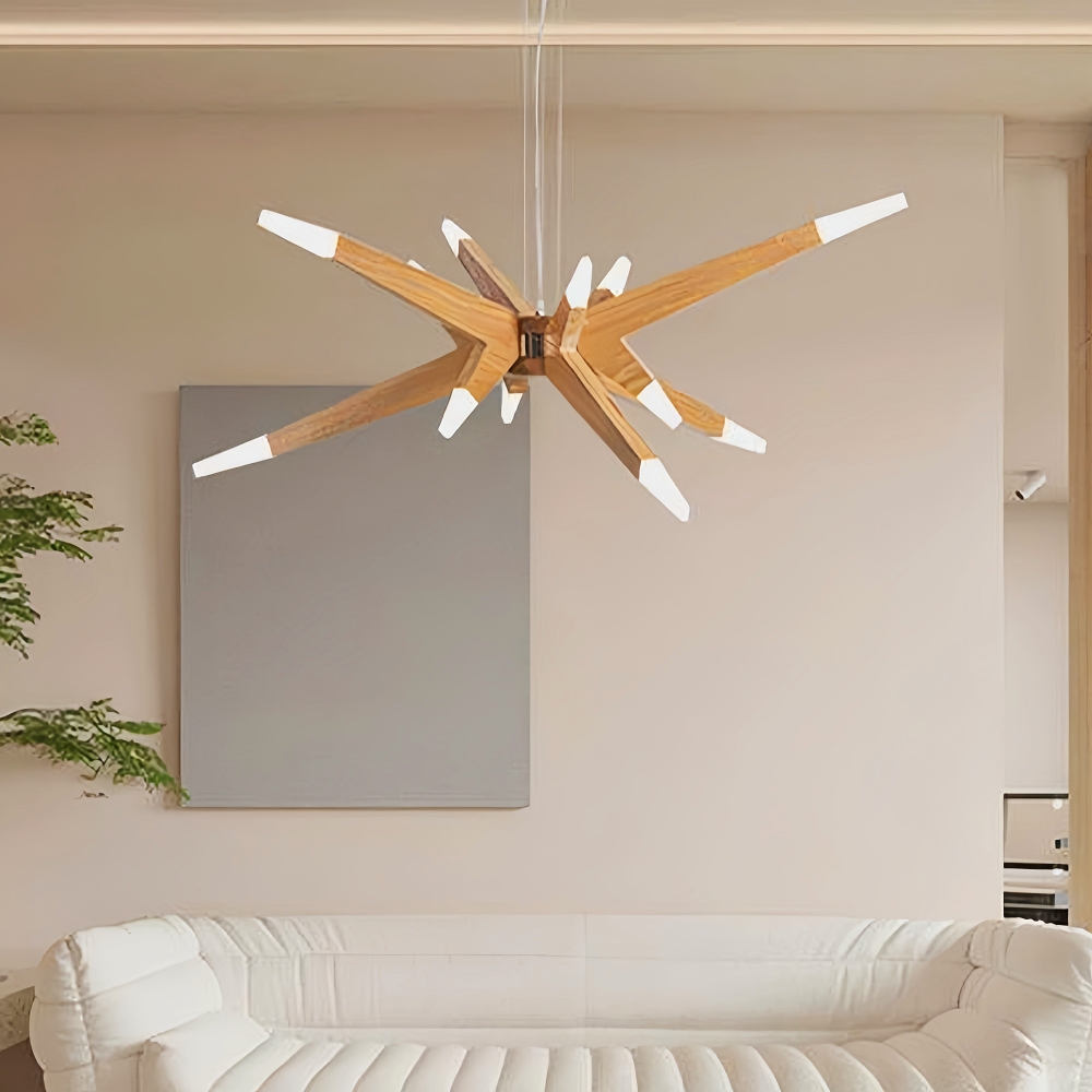 Nordic Geometric Wood Angular Star Chandelier with Frosted Light Ends