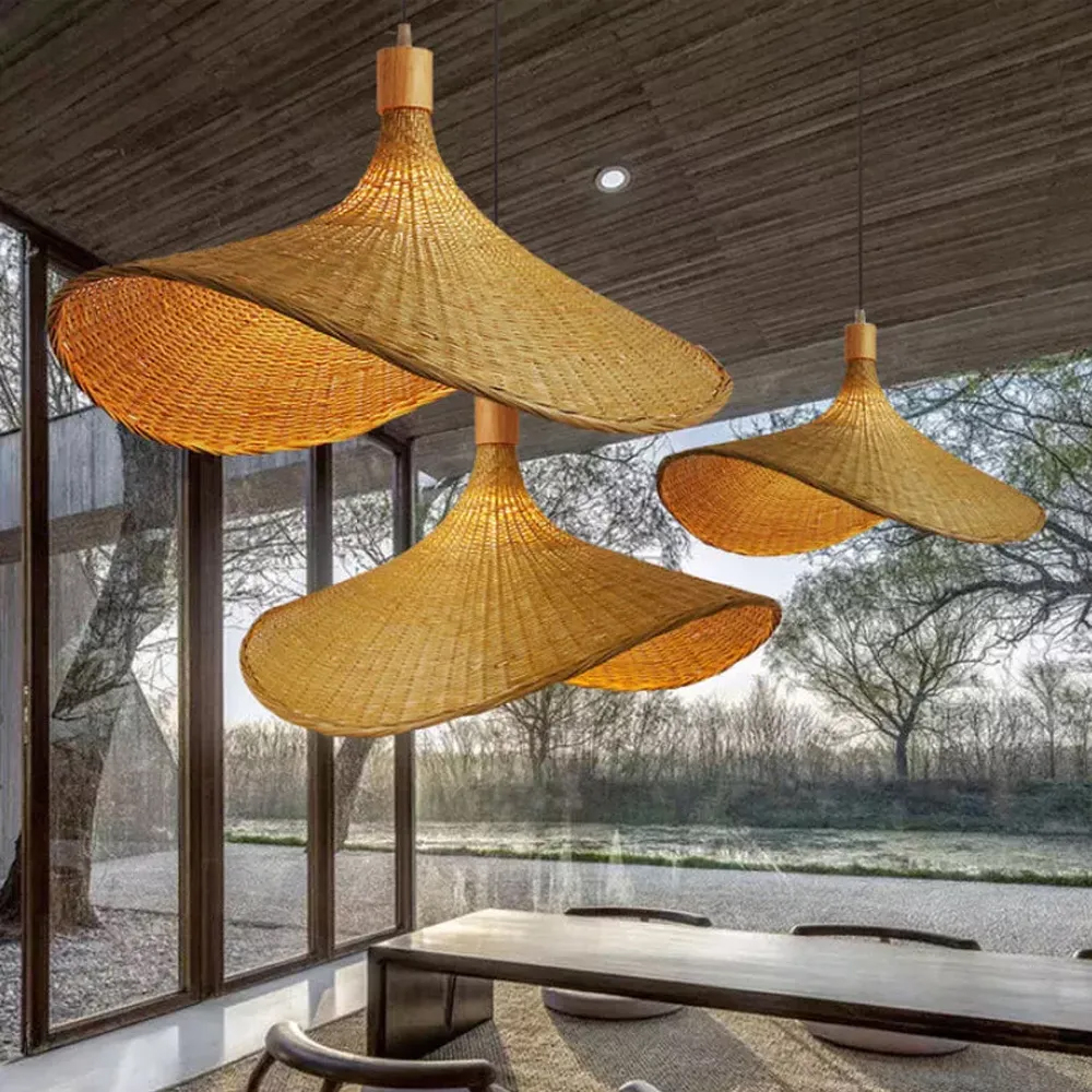 Farmhouse Handmade Bamboo Wicker Straw Hat Pendant Light Shade